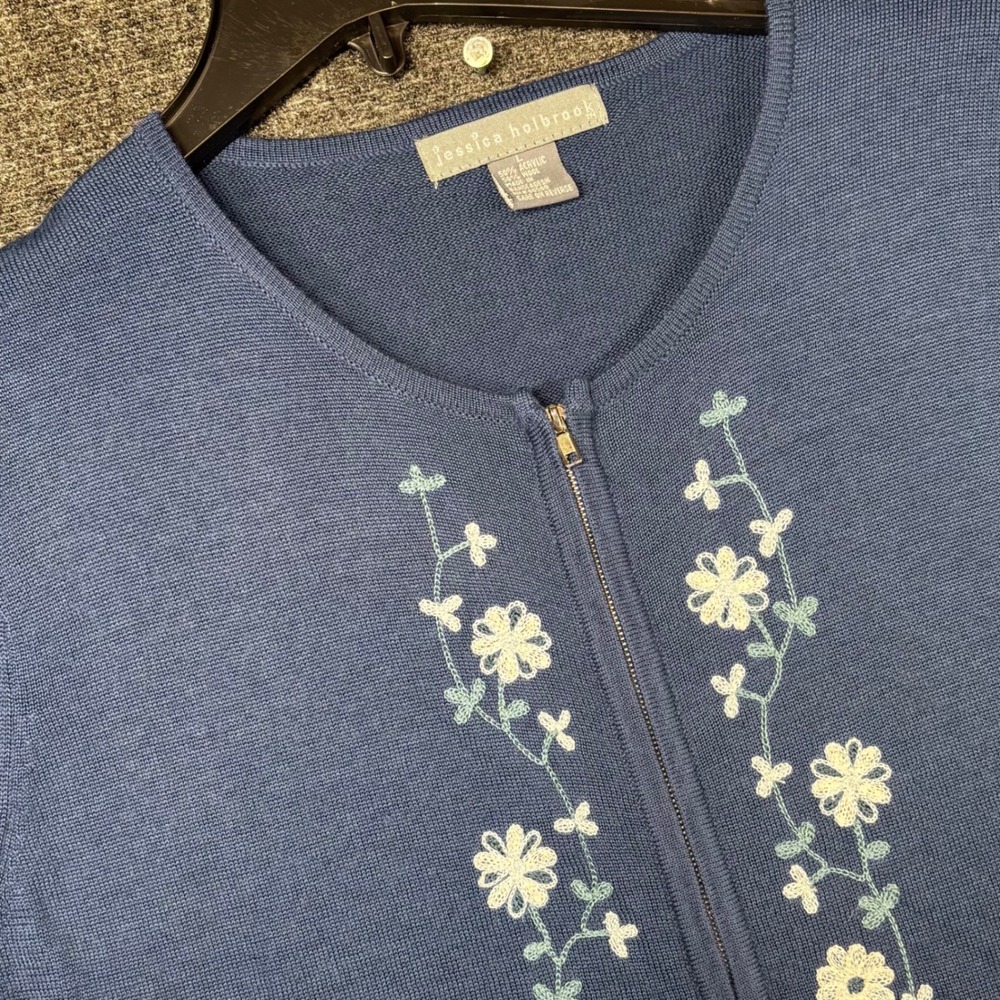 Jessica Holbrook Blue Floral Embroidered Zip Front Wool Blend Cardigan Large
